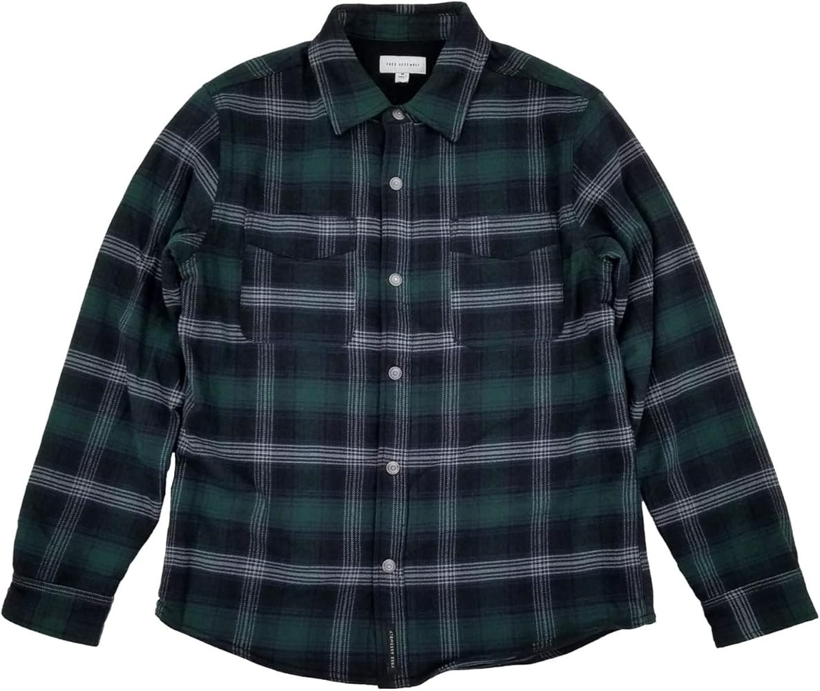 Free Assembly men's long-sleeve green and navy plaid flannel button-up shirt laid flat