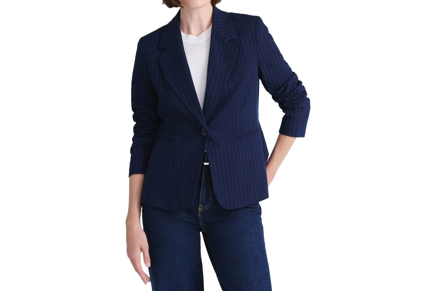 Woman wearing a Free Assembly navy blue pinstripe single-button blazer over a white tee and dark jeans